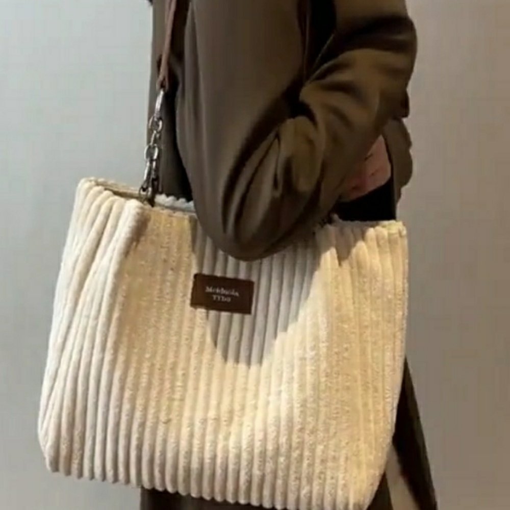 Elegant Corduroy Shoulder Bag – Creamy White Cozy Aesthetic Tote